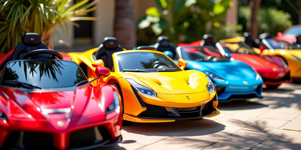 Colorful luxury ride-on cars for kids in a driveway.