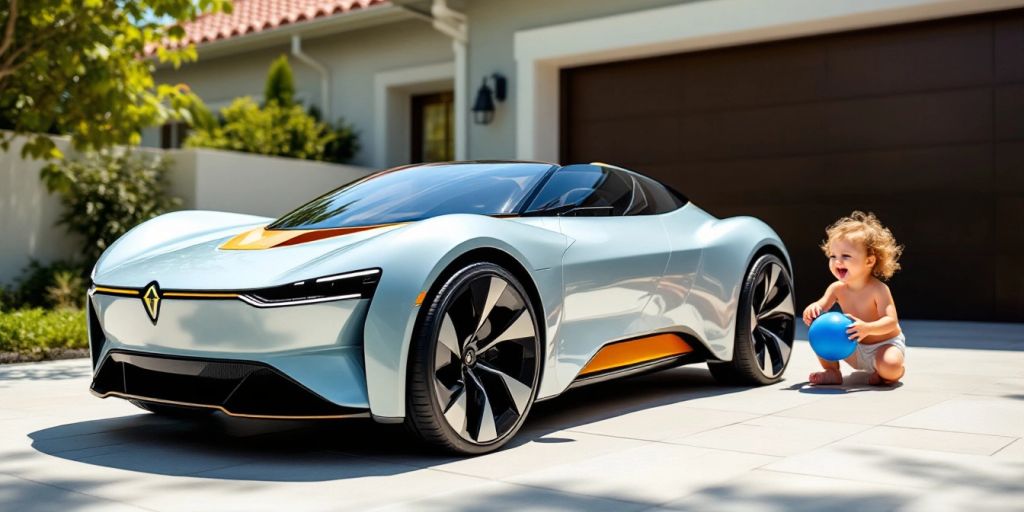 High-end electric car for kids in a sunny driveway.