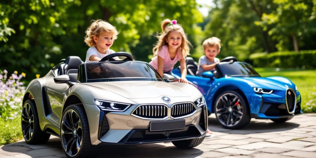 Luxury battery-powered kids cars in a sunny outdoor setting.