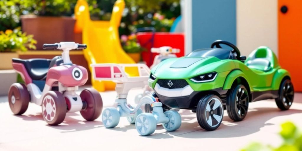 Colorful designer ride-on toys in a playful outdoor setting.