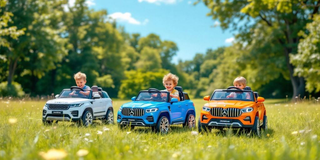 Children driving luxury ride-on SUVs in a sunny park.