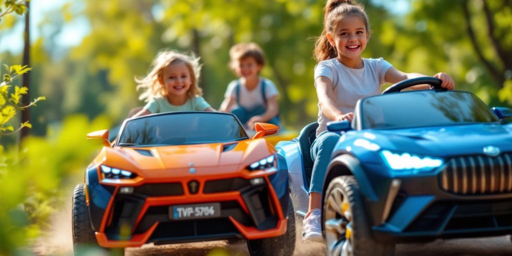 Children riding colorful luxury ride-on toys in a park.