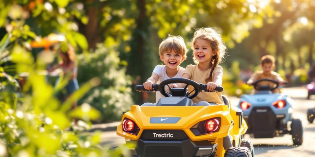 Children riding colorful electric vehicles in a sunny park.