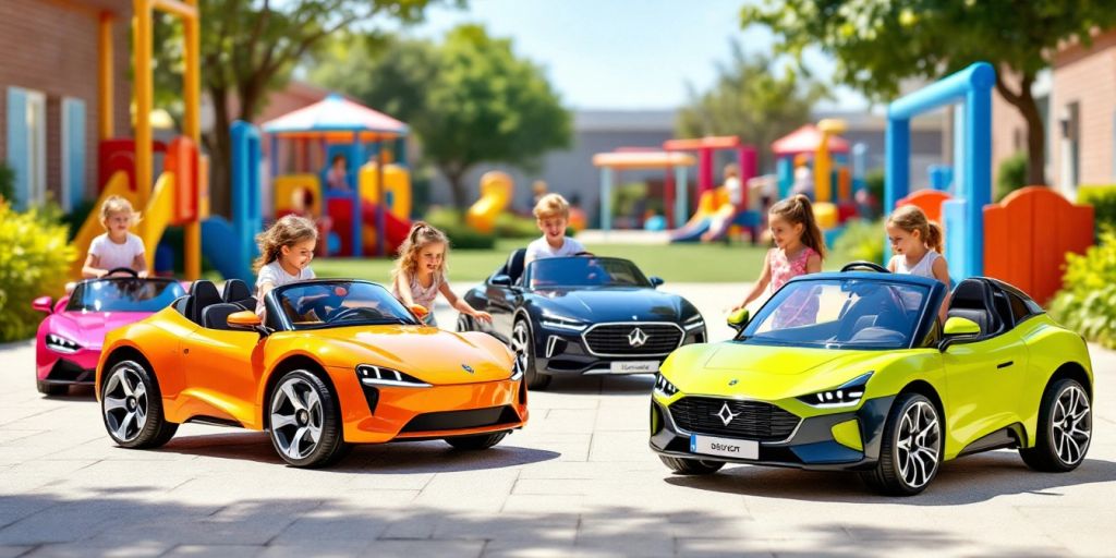 Luxury electric kids' cars in colorful outdoor setting.