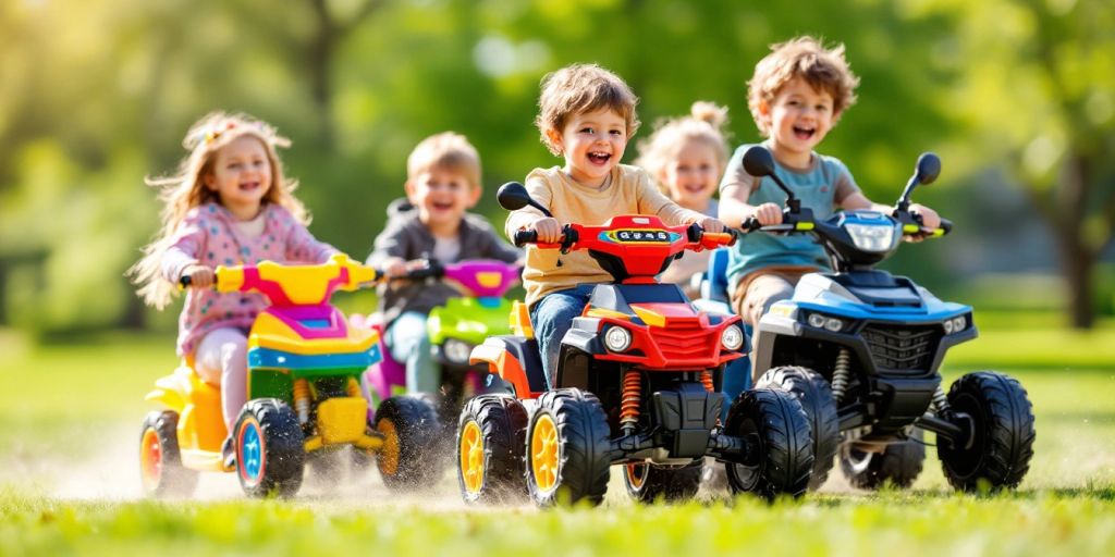 Children riding stylish high-end toys in a sunny park.