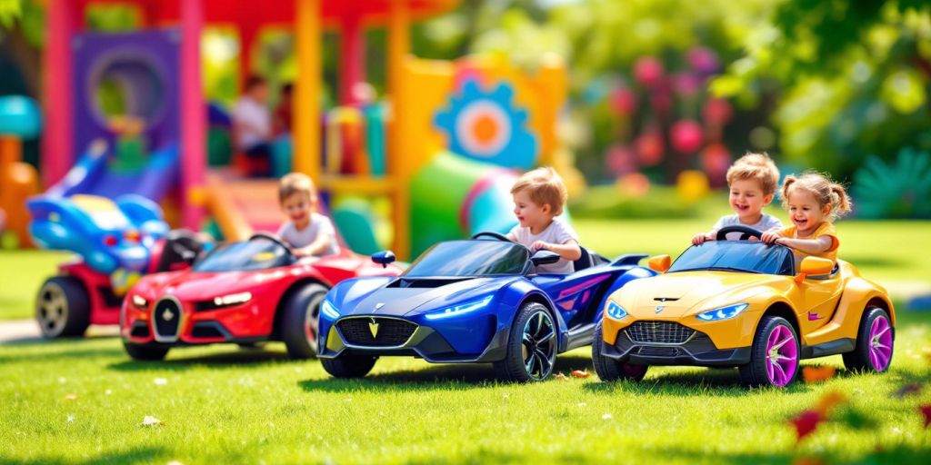 Colorful high-end kids' ride-on vehicles in a sunny playground.