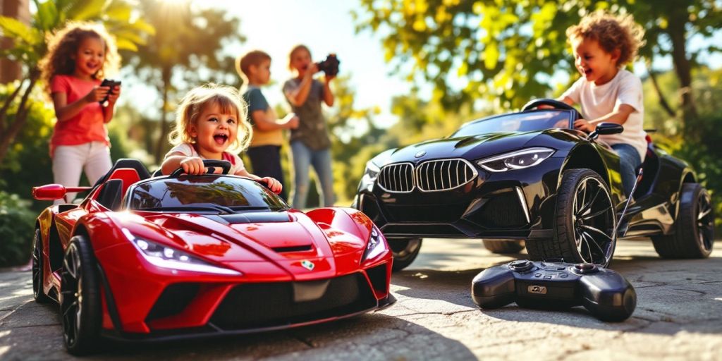 Luxury kids cars with remote control in a sunny setting.