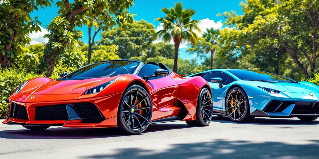 Colorful luxury sports cars for kids in a sunny setting.