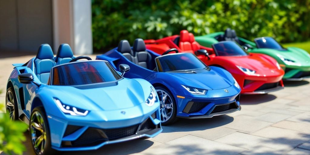 Colorful luxury ride-on cars parked on a sunny driveway.