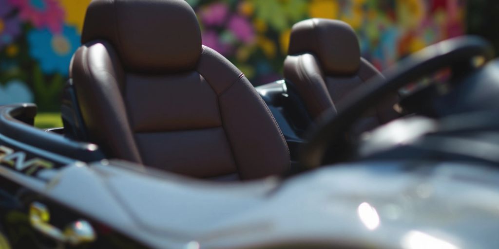 Luxury ride-on toy with leather seats in sunlight.