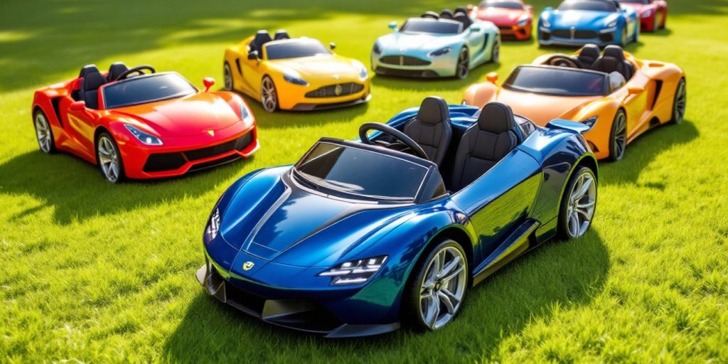 Colorful luxury ride-on cars for toddlers on grass.