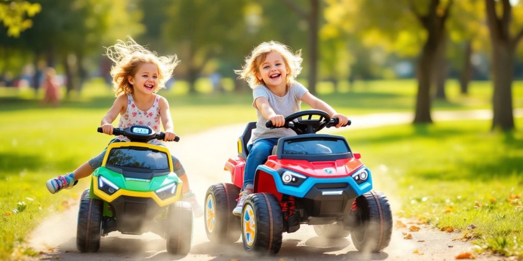 Kids riding colorful electric ride-on toys in a park.