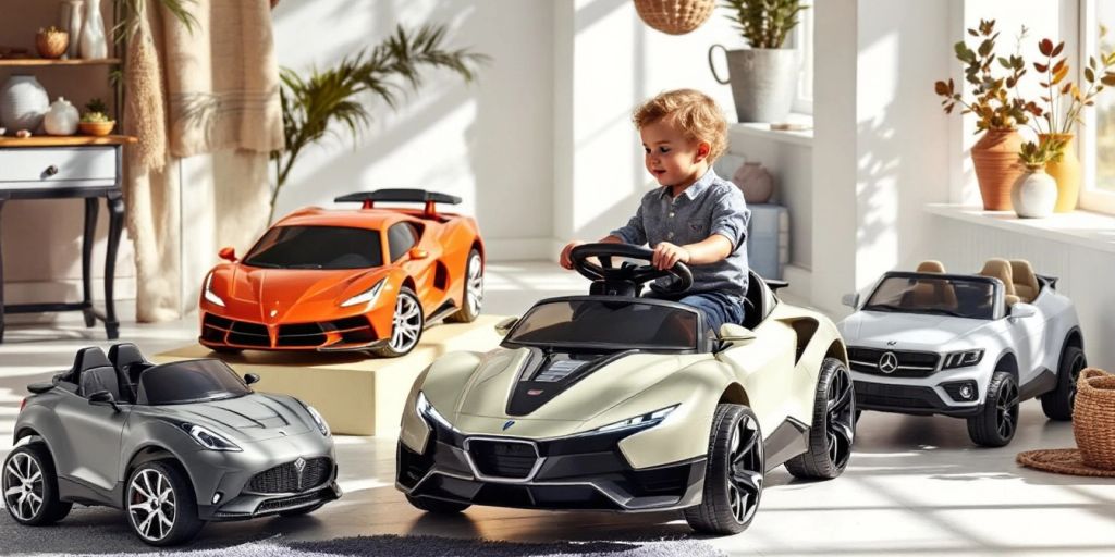 Luxury ride-on toys in a bright, elegant setting.