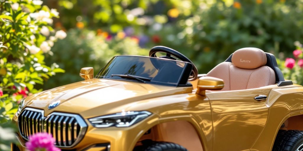 Luxurious ride-on vehicle in a sunny backyard.